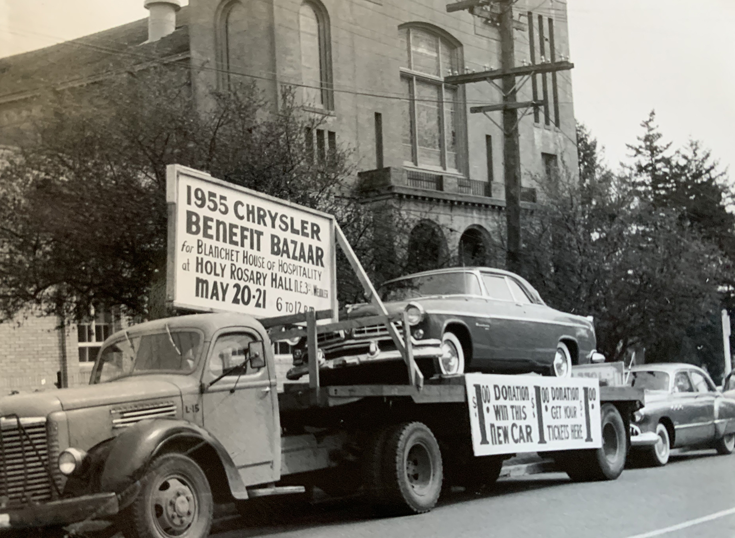 A local car dealer gifted the Blanchet House founders a 1955 Chrysler to auction. They sold tickets to raise money for the down payment on their first building.