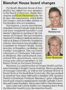 Blanchet House board announcement from a 2014 issue of the Catholic Sentinel.